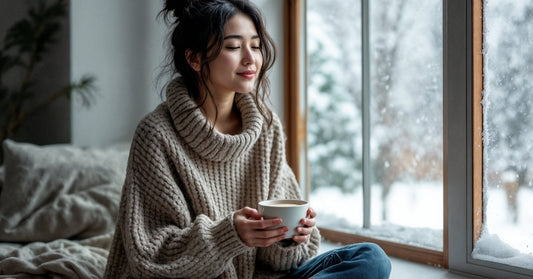 relaxed woman holding a cup and sitting by the window during winter